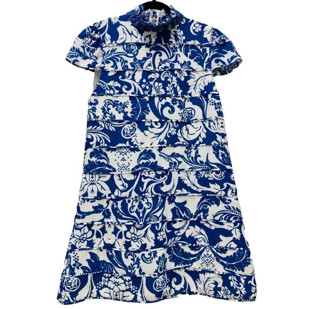 Alice + Olivia Blue White Karisse Cap Sleeve Mock Neck Mini Dress Roman 6 S - Picture 5 of 8